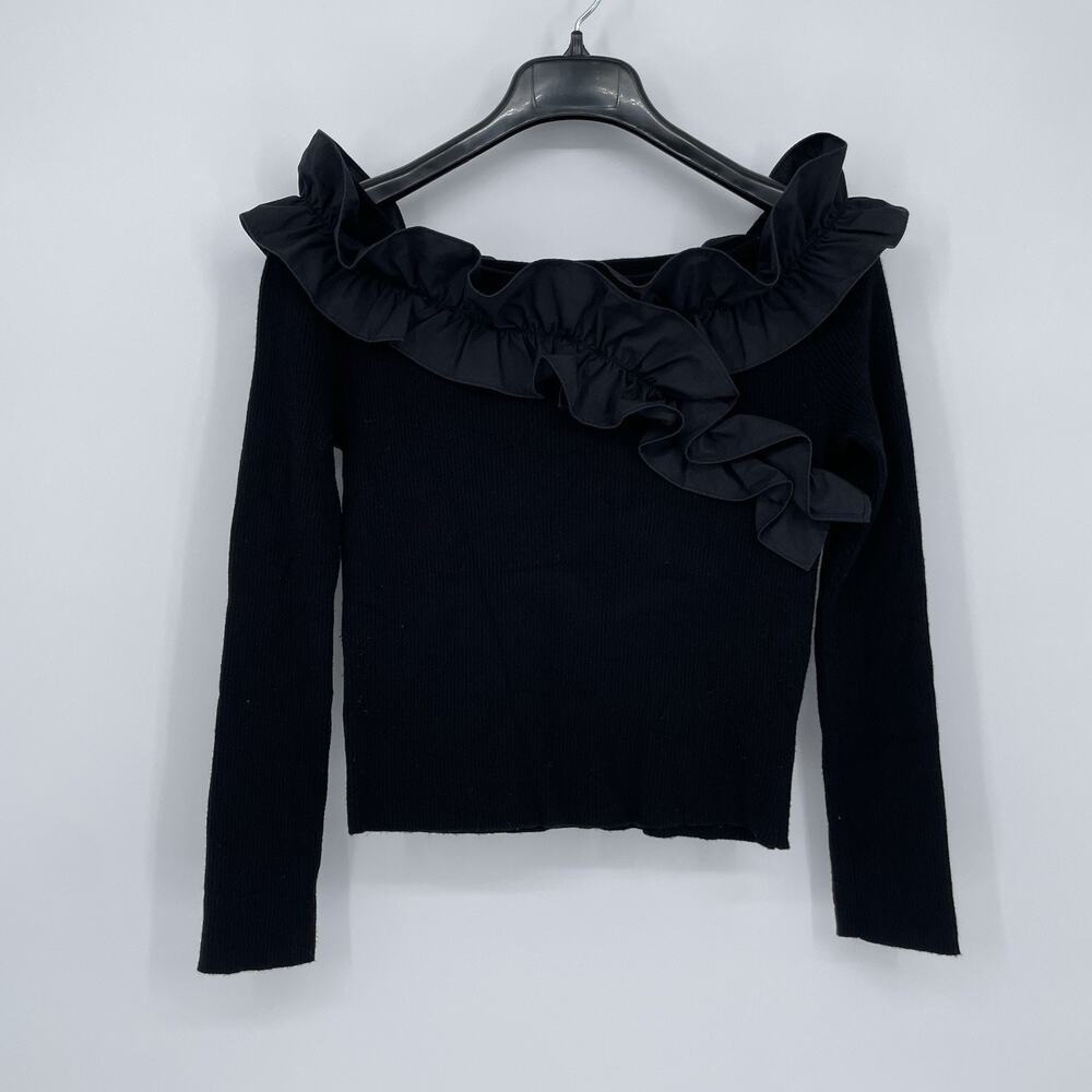 Versona Long Sleeve Ribbed Ruffle Blouse Women’s Size Large Preppy Chic Sexy - Picture 2 of 8